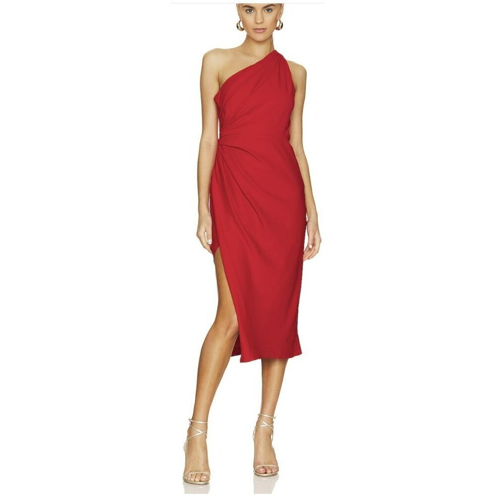 Revolve Line and Dot One Shoulder Red Holiday Ruched Midi Dress Size Small